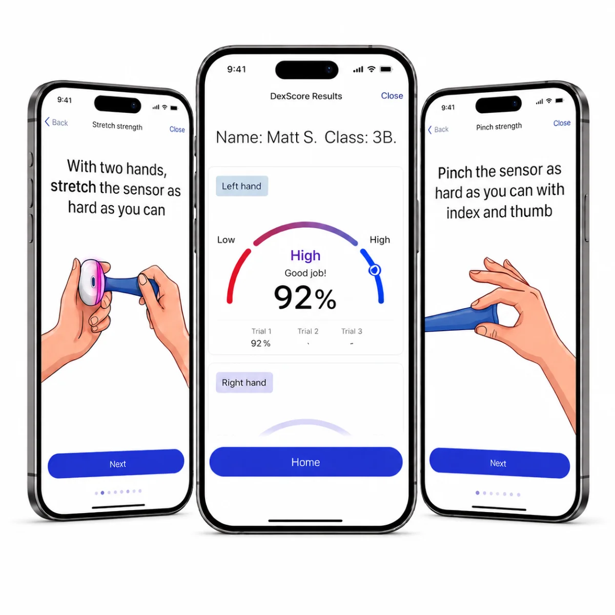 Three phones showing the app: a stretch-strength instruction, a DexScore results screen with left and right hand scores, and a pinch-strength instruction