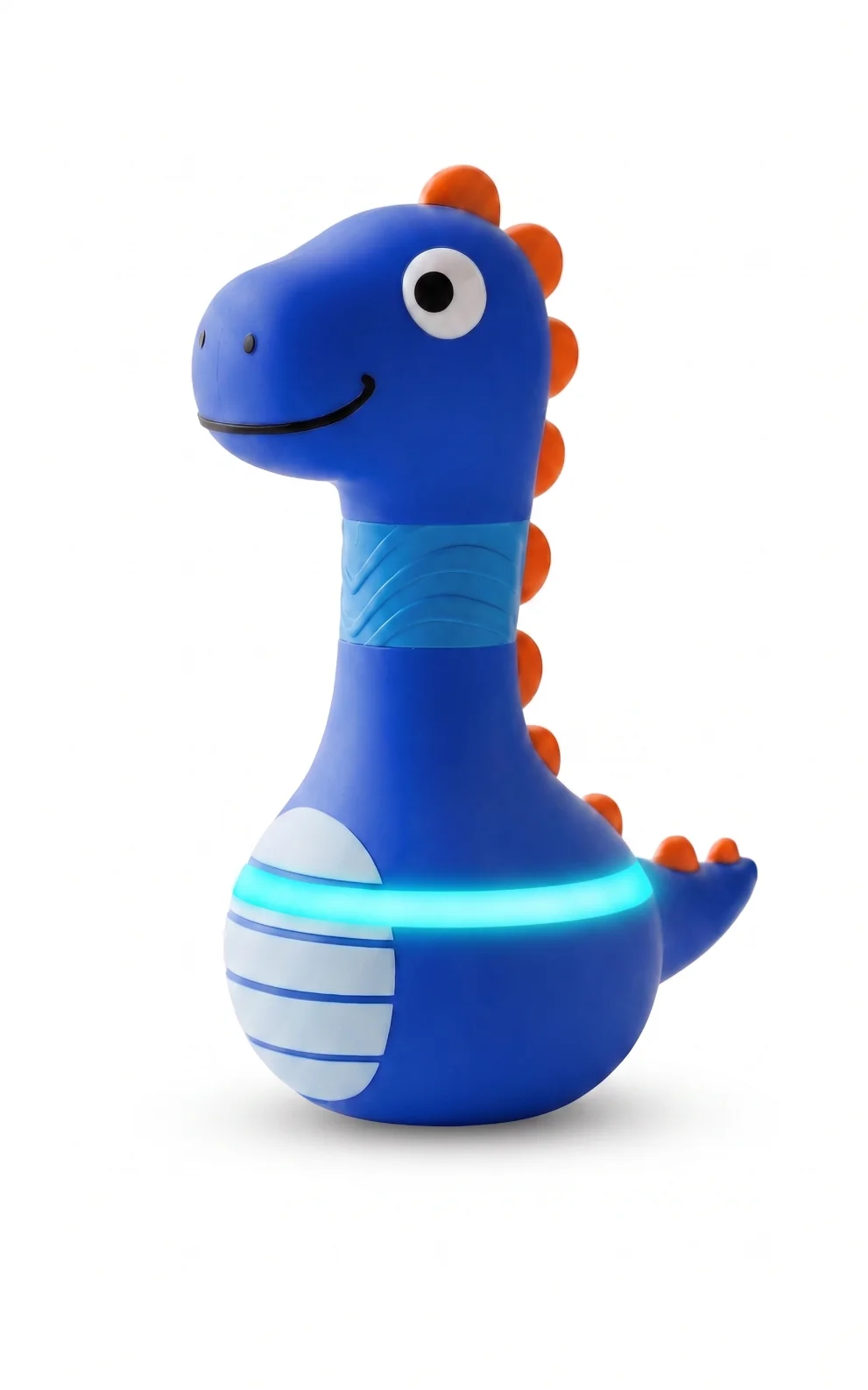 A SqueezAble device in a blue dinosaur cover with orange spines and a lit-up band around its body