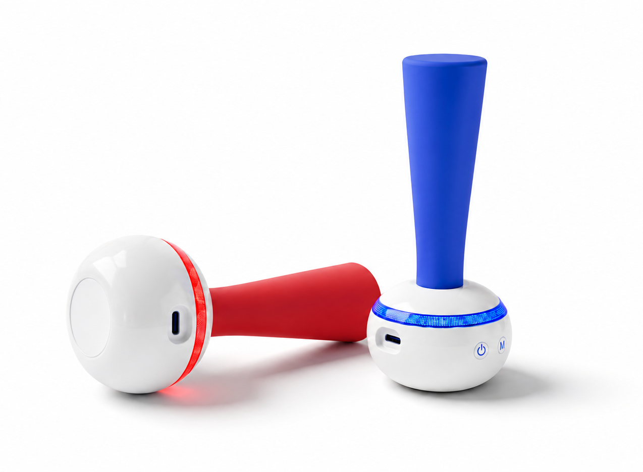 Two SqueezAble devices, one lit red lying down and one lit blue standing upright